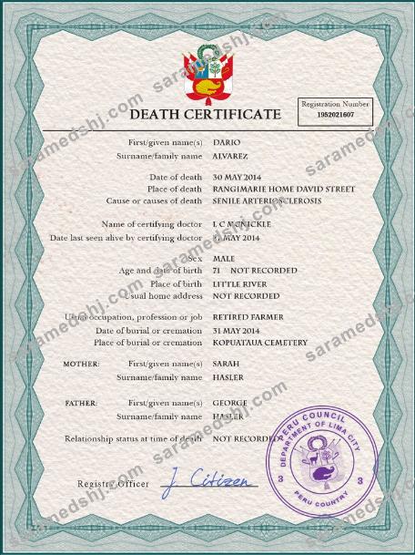 Peru death certificate PSD template